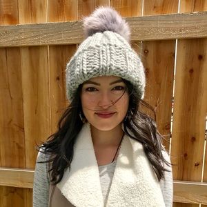 Handmade Chunky Knit Wool Beanie & Faux Fur Pompom